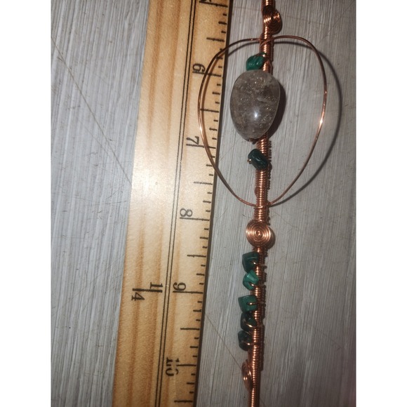 Malachite Rutilated Quartz Copper Wire Wrapped Feather Hair Pin Wand 14.5 Inch main image 4